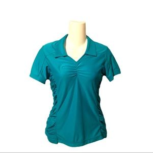 Athleta Birdie Polo V Neck Short Sleeve Polo top Ruched Teal Size XS
